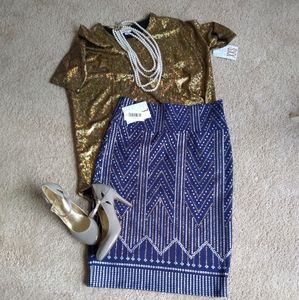 🎄Lularoe elegant Cassie skirt- 20s blue gold